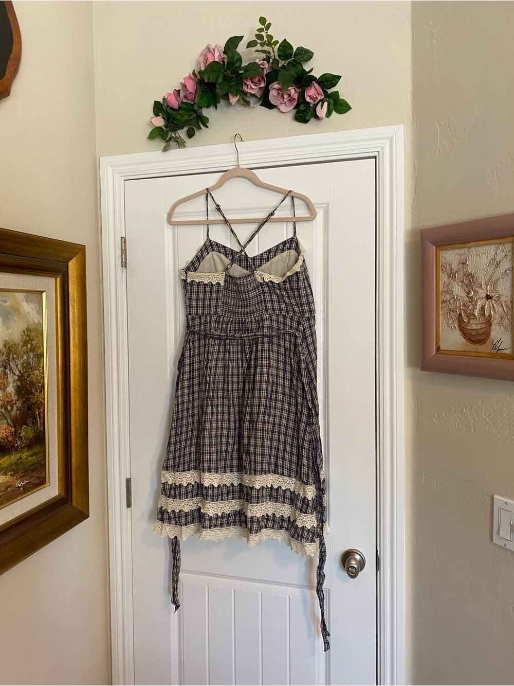 Moulinette Soeurs Blue Plaid Lace-Trim Spaghetti Strap Dress - Picture 4 of 7